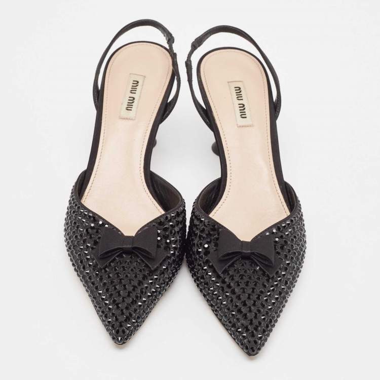 Pre Owned Miu Miu Black Crystal Embellished Fabric Bow Slingback Pumps Size 39.5