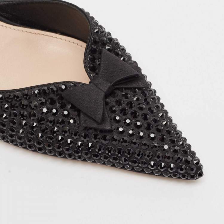 Pre Owned Miu Miu Black Crystal Embellished Fabric Bow Slingback Pumps Size 39.5