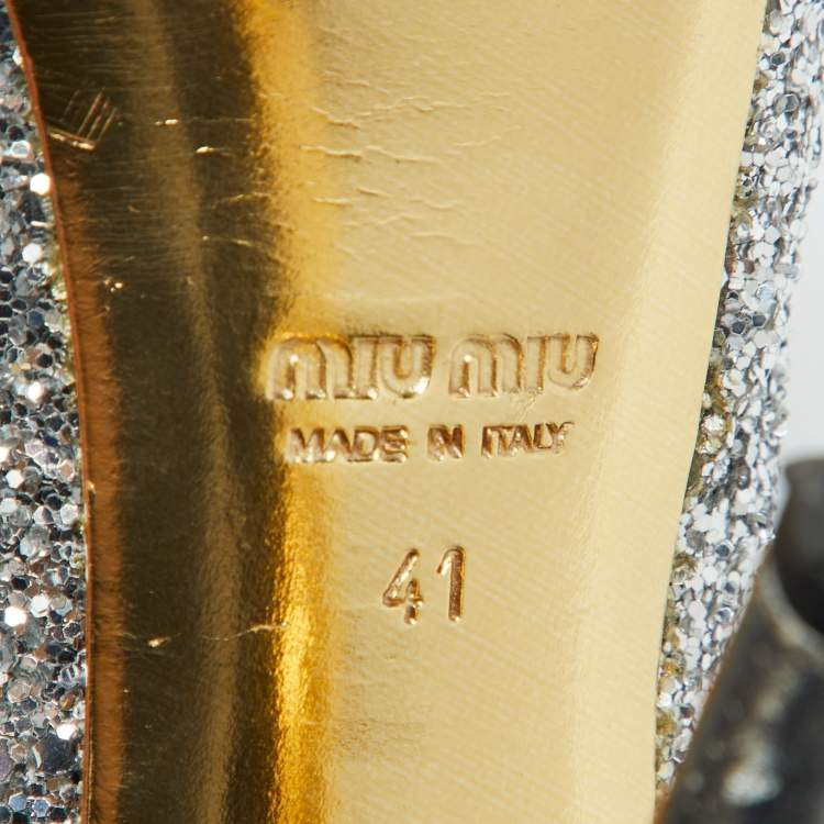 Pre Owned Miu Miu Silver Glitter and Leather Peep Toe Platform Pumps Size 41