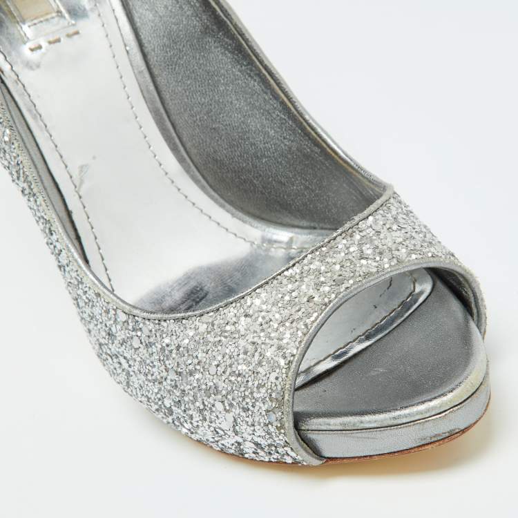 Pre Owned Miu Miu Silver Glitter and Leather Peep Toe Platform Pumps Size 41