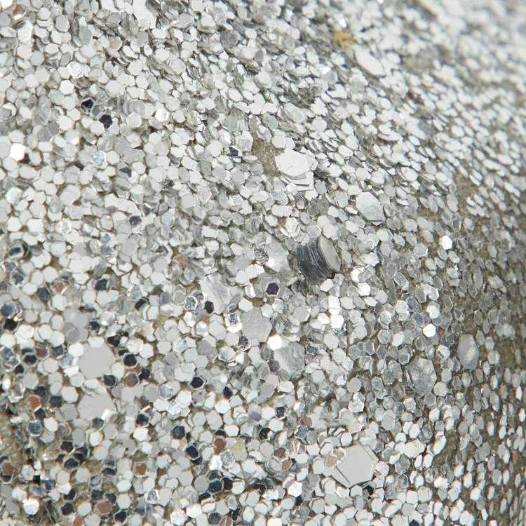 Pre Owned Miu Miu Silver Glitter and Leather Peep Toe Platform Pumps Size 41