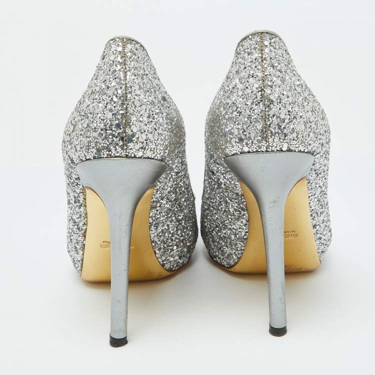 Pre Owned Miu Miu Silver Glitter and Leather Peep Toe Platform Pumps Size 41
