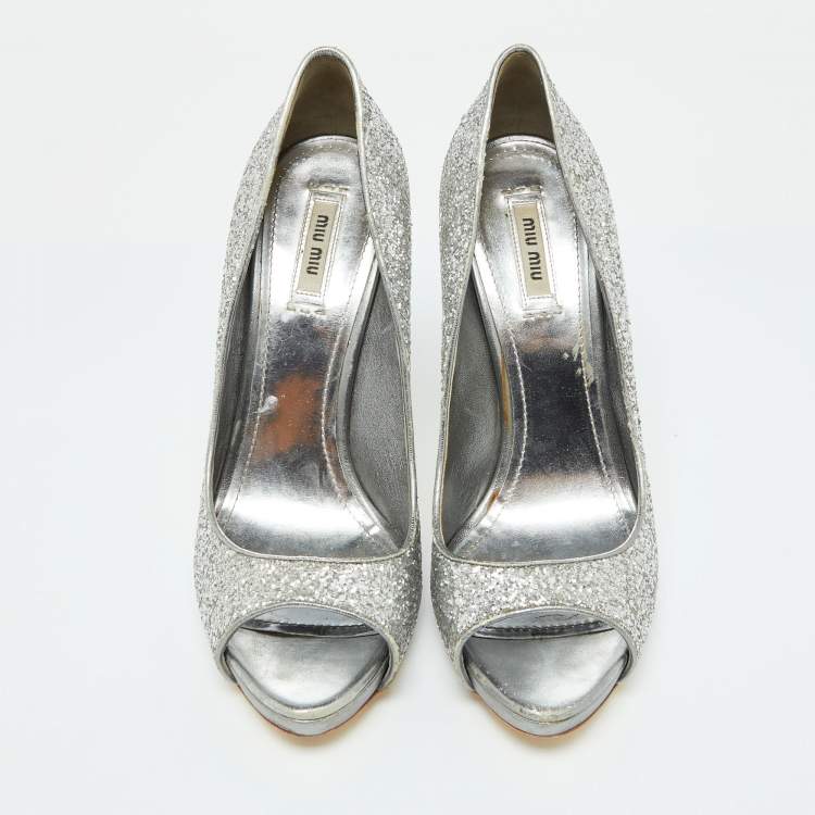Pre Owned Miu Miu Silver Glitter and Leather Peep Toe Platform Pumps Size 41