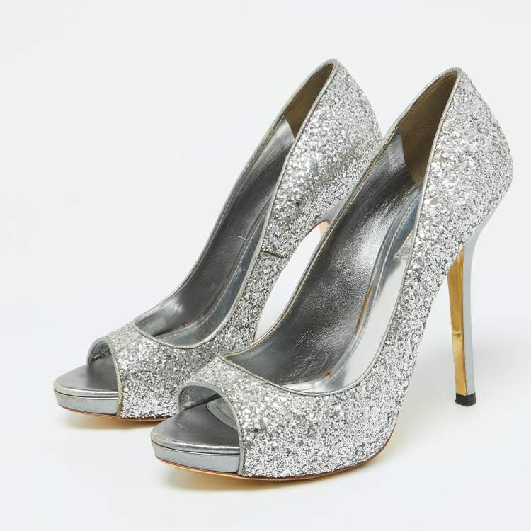 Pre Owned Miu Miu Silver Glitter and Leather Peep Toe Platform Pumps Size 41