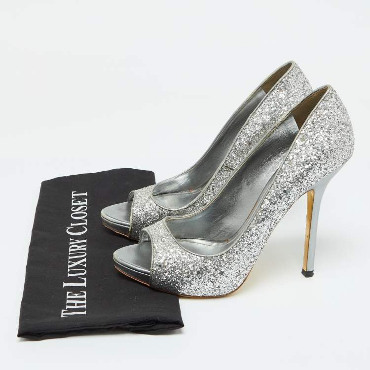 Pre Owned Miu Miu Silver Glitter and Leather Peep Toe Platform Pumps Size 41