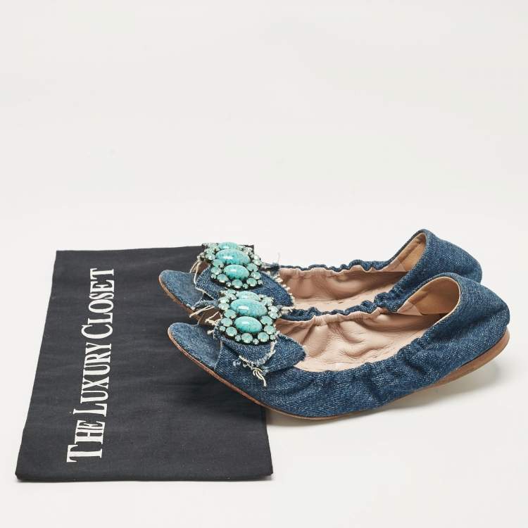 Pre Owned Miu Miu Blue Denim Crystal Embellished Bow Scrunch Open Toe Flats Size 37