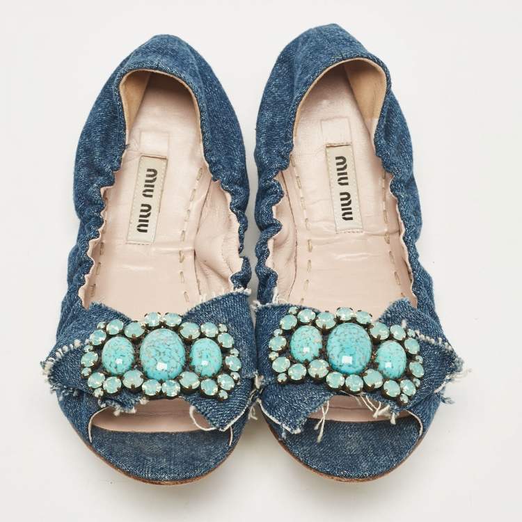 Pre Owned Miu Miu Blue Denim Crystal Embellished Bow Scrunch Open Toe Flats Size 37