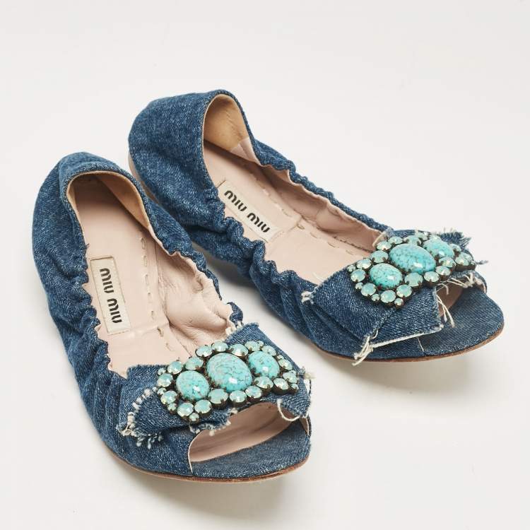 Pre Owned Miu Miu Blue Denim Crystal Embellished Bow Scrunch Open Toe Flats Size 37