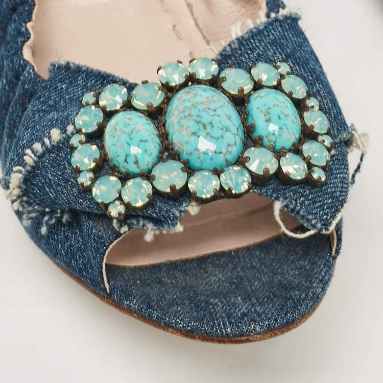 Pre Owned Miu Miu Blue Denim Crystal Embellished Bow Scrunch Open Toe Flats Size 37