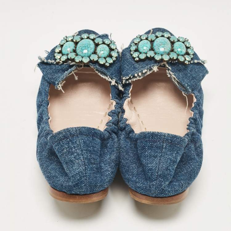 Pre Owned Miu Miu Blue Denim Crystal Embellished Bow Scrunch Open Toe Flats Size 37
