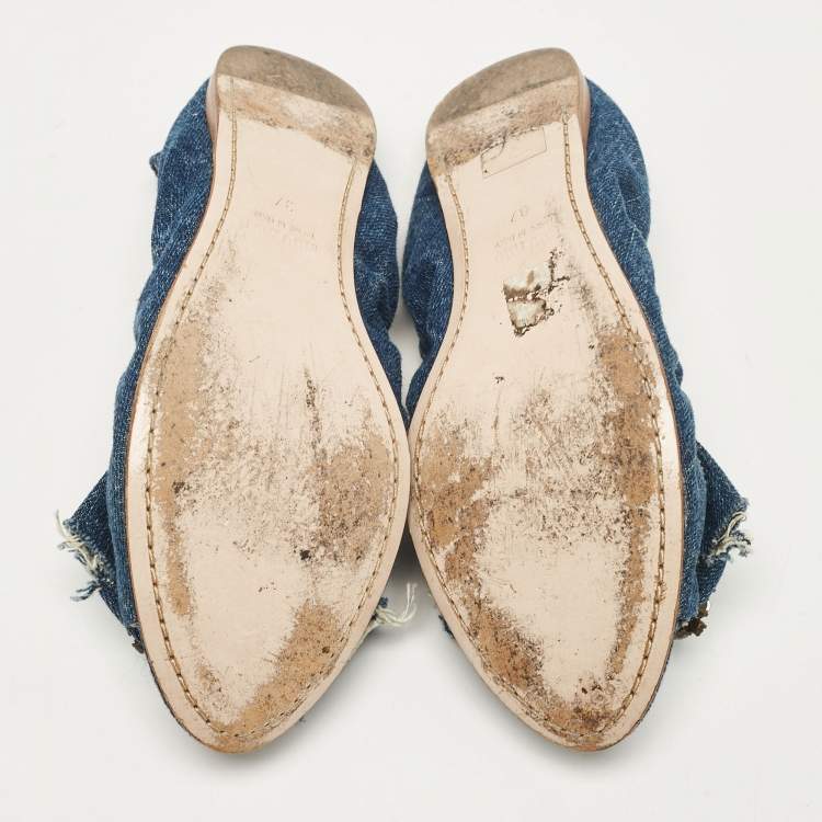 Pre Owned Miu Miu Blue Denim Crystal Embellished Bow Scrunch Open Toe Flats Size 37