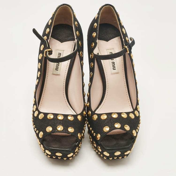 Pre Owned Miu Miu Black Leather Studded Open Toe Platform Mary Jane Pumps Size 38.5