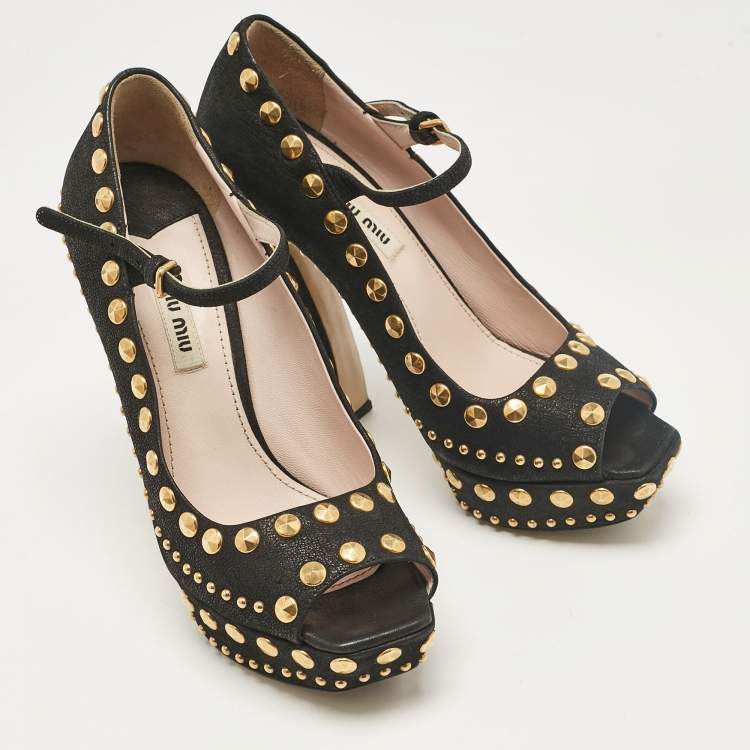 Pre Owned Miu Miu Black Leather Studded Open Toe Platform Mary Jane Pumps Size 38.5
