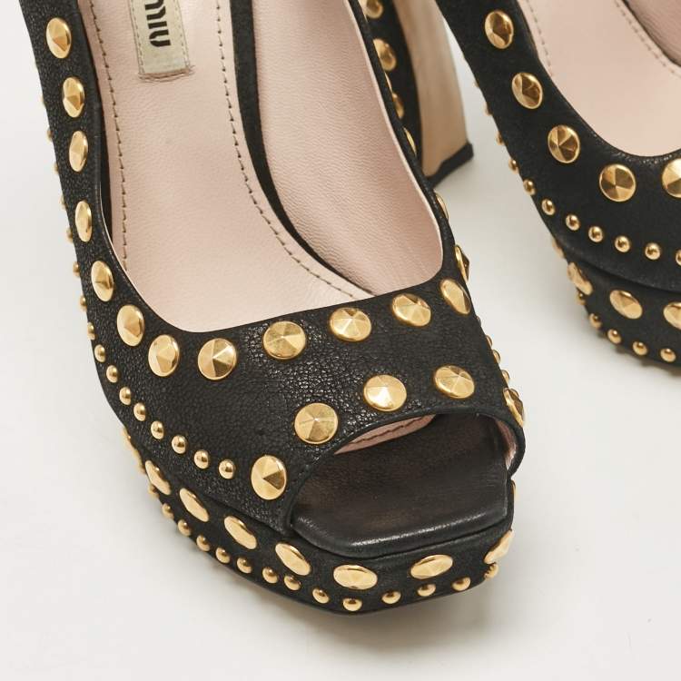 Pre Owned Miu Miu Black Leather Studded Open Toe Platform Mary Jane Pumps Size 38.5