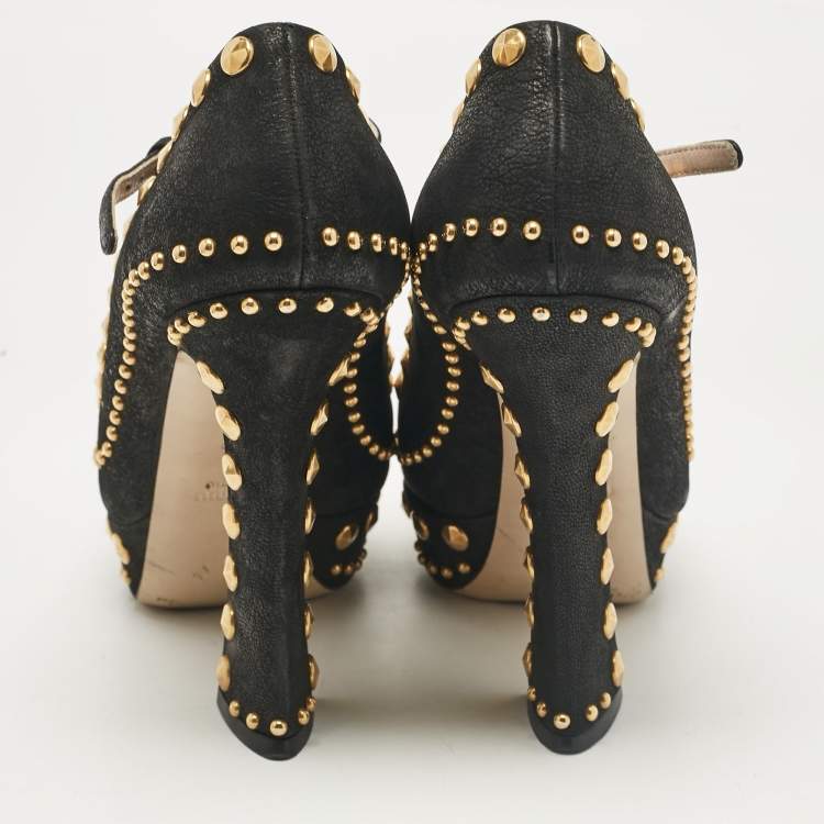 Pre Owned Miu Miu Black Leather Studded Open Toe Platform Mary Jane Pumps Size 38.5