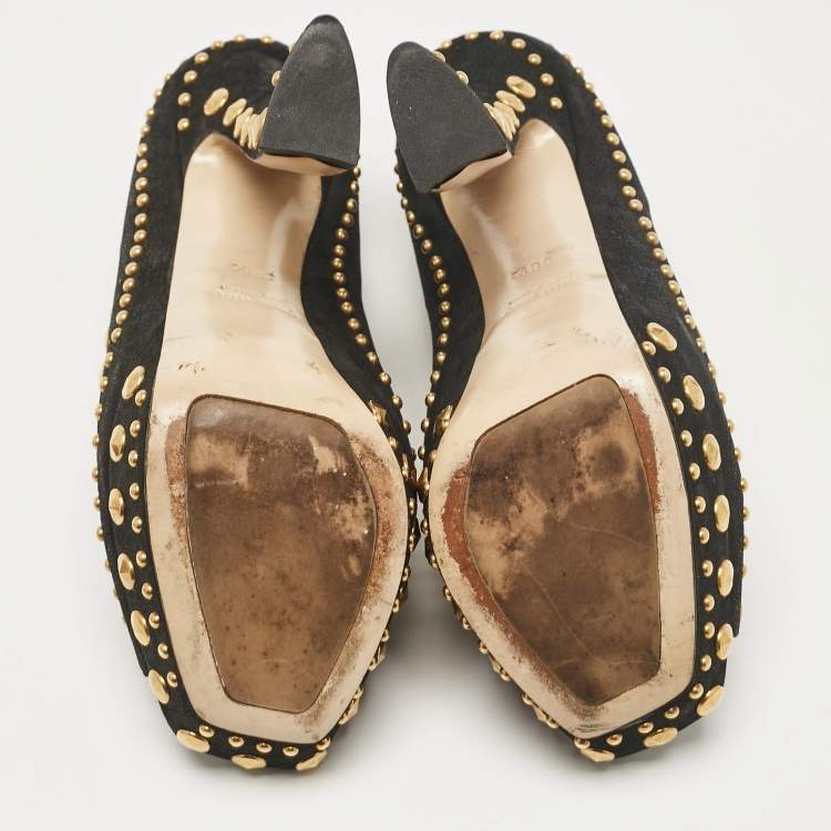 Pre Owned Miu Miu Black Leather Studded Open Toe Platform Mary Jane Pumps Size 38.5