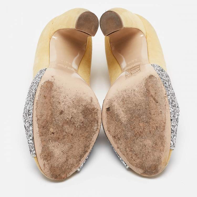 Pre Owned Miu Miu Yellow Glitter and Suede Block Heel Pumps Size 38.5