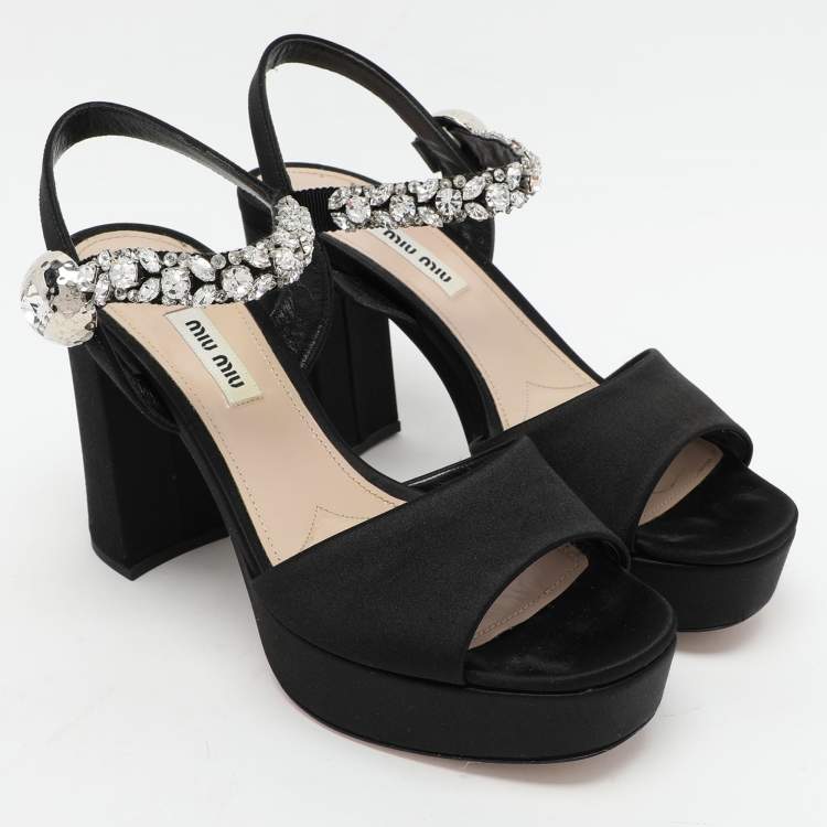 Pre Owned Miu Miu Black Satin Crystal Embellished Platform Ankle Strap Sandals Size 38