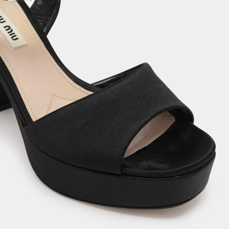 Pre Owned Miu Miu Black Satin Crystal Embellished Platform Ankle Strap Sandals Size 38