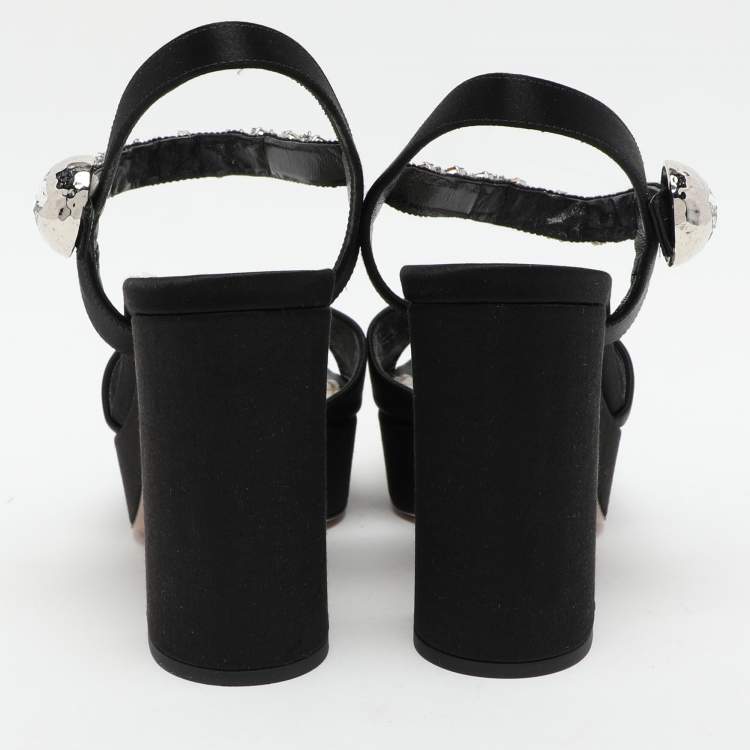 Pre Owned Miu Miu Black Satin Crystal Embellished Platform Ankle Strap Sandals Size 38