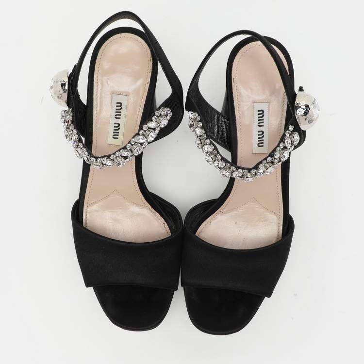 Pre Owned Miu Miu Black Satin Crystal Embellished Platform Ankle Strap Sandals Size 38