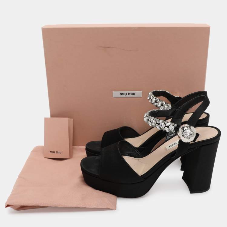 Pre Owned Miu Miu Black Satin Crystal Embellished Platform Ankle Strap Sandals Size 38
