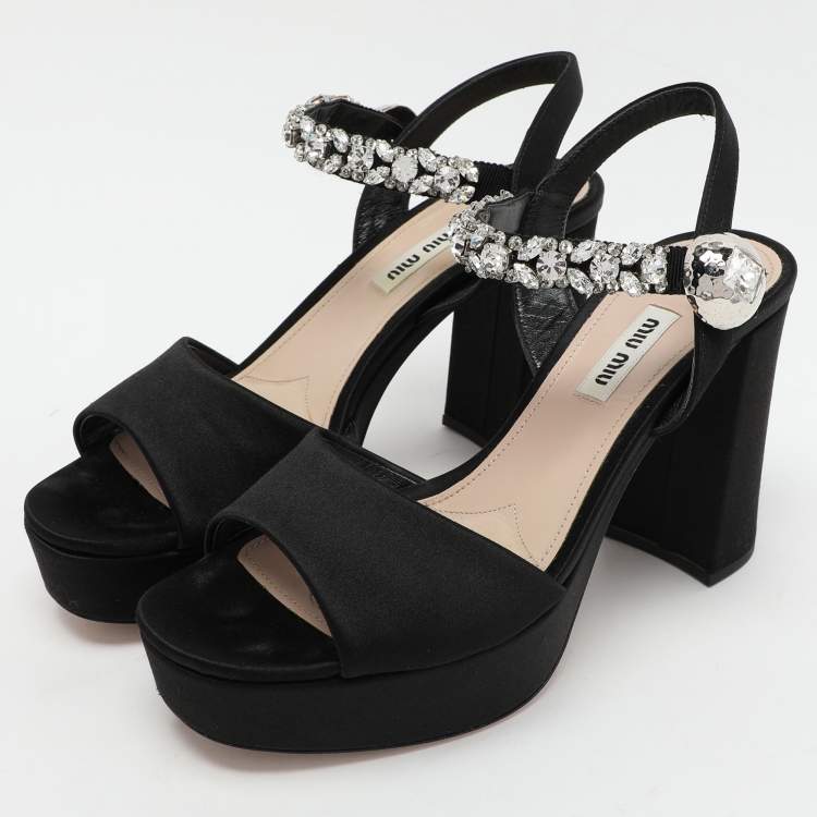Miu Miu Black Satin Crystal Embellished Platform Ankle Strap