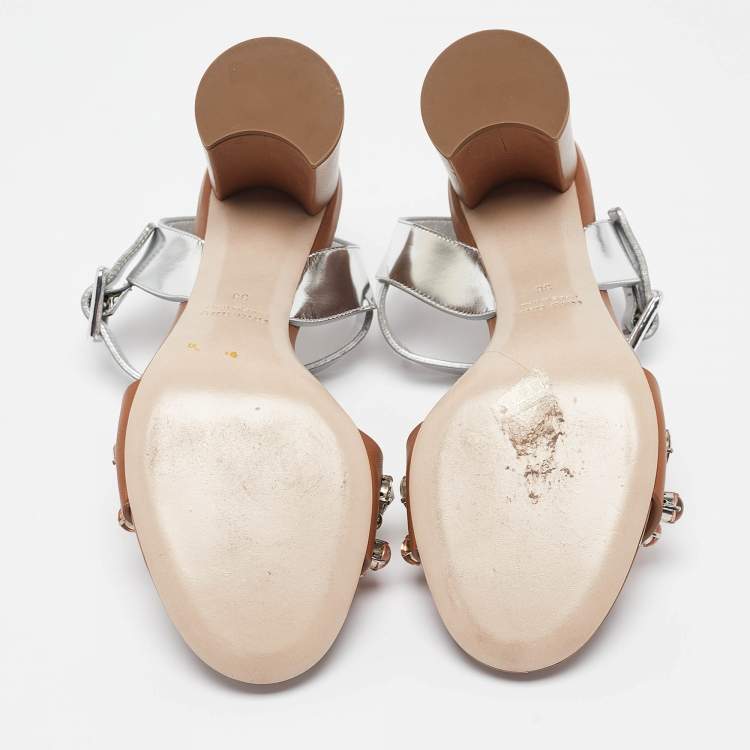 Pre Owned Miu Miu Brown/Sliver Leather Crystal Embellished Ankle Strap Sandals Size 38