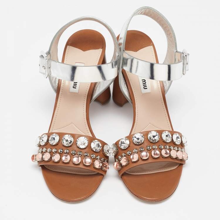 Pre Owned Miu Miu Brown/Sliver Leather Crystal Embellished Ankle Strap Sandals Size 38