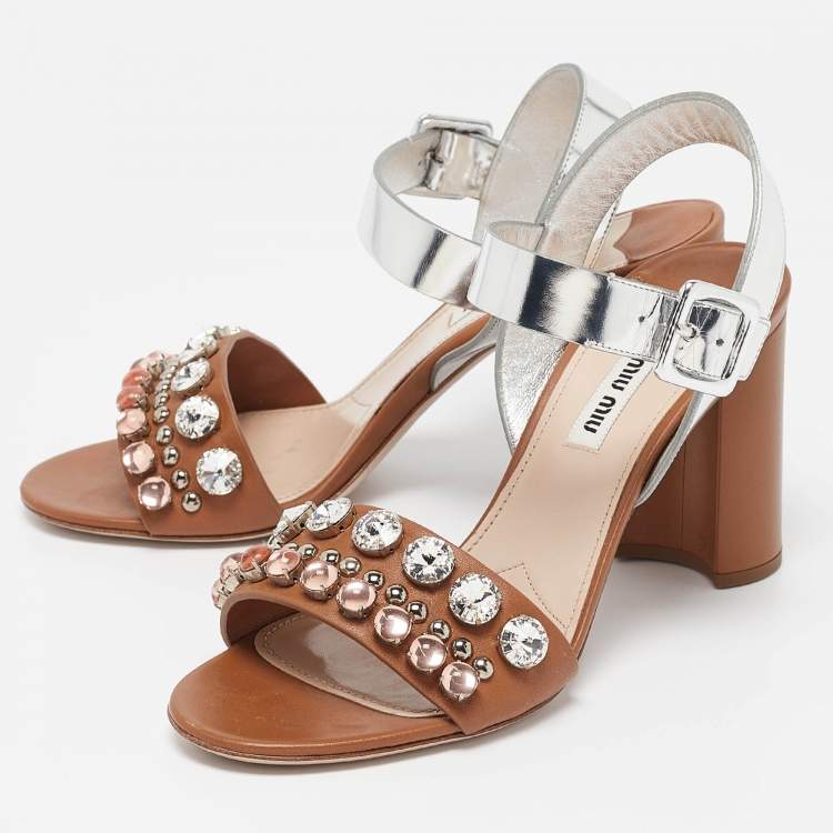 Pre Owned Miu Miu Brown/Sliver Leather Crystal Embellished Ankle Strap Sandals Size 38
