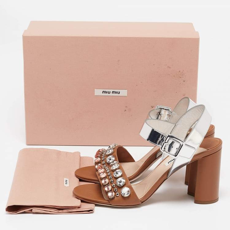 Pre Owned Miu Miu Brown/Sliver Leather Crystal Embellished Ankle Strap Sandals Size 38
