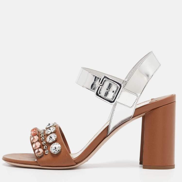 Pre Owned Miu Miu Brown/Sliver Leather Crystal Embellished Ankle Strap Sandals Size 38