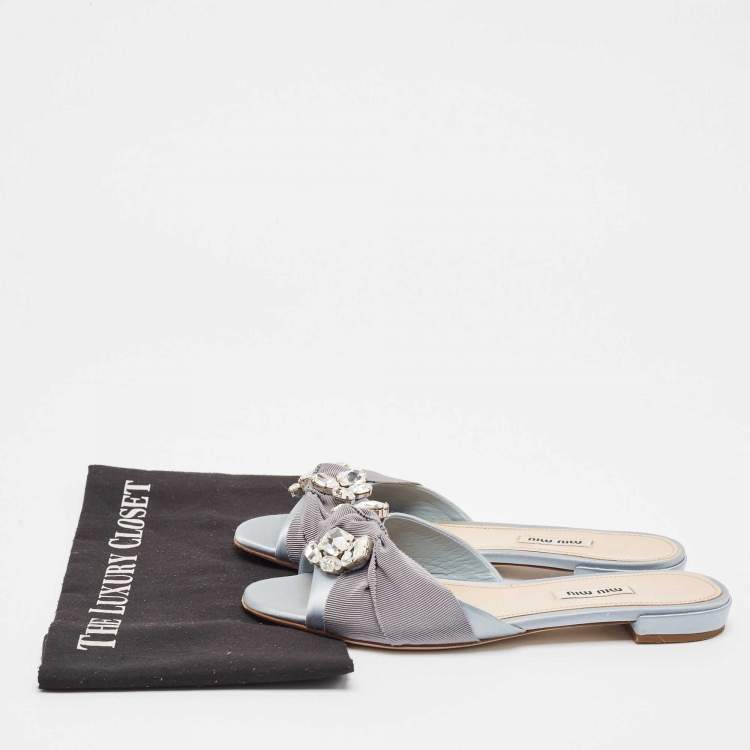 Pre Owned Miu Miu Light Blue Satin and Canvas Crystals Embellished Knot Slide Flats Size 38
