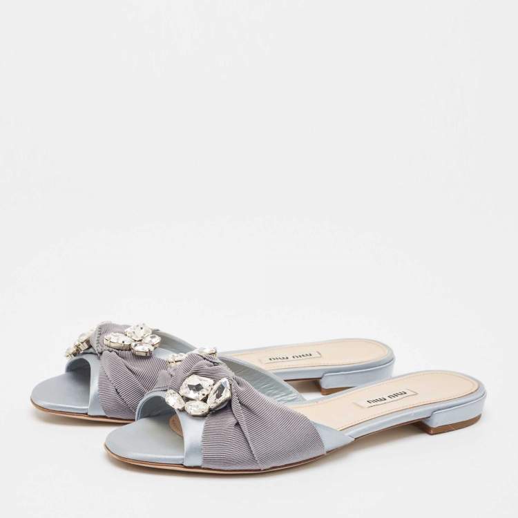 Pre Owned Miu Miu Light Blue Satin and Canvas Crystals Embellished Knot Slide Flats Size 38