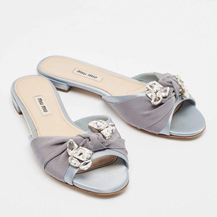 Pre Owned Miu Miu Light Blue Satin and Canvas Crystals Embellished Knot Slide Flats Size 38