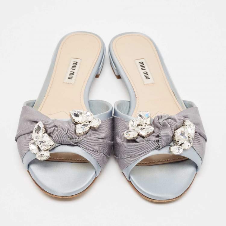 Pre Owned Miu Miu Light Blue Satin and Canvas Crystals Embellished Knot Slide Flats Size 38