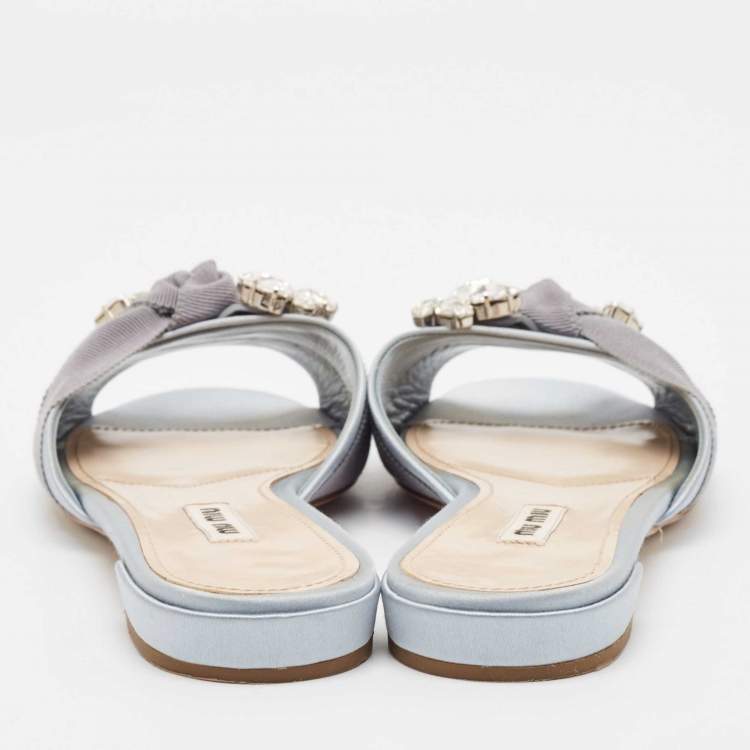 Pre Owned Miu Miu Light Blue Satin and Canvas Crystals Embellished Knot Slide Flats Size 38