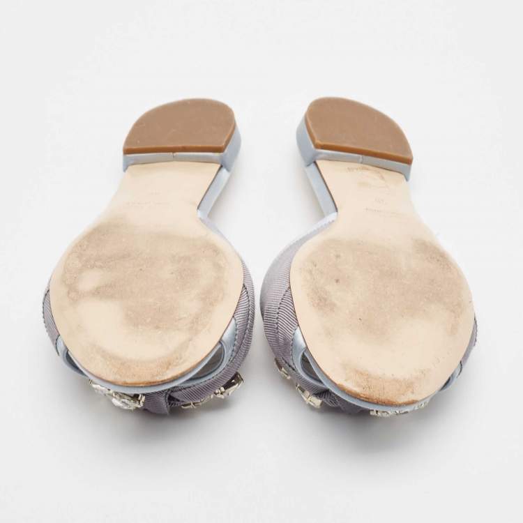 Pre Owned Miu Miu Light Blue Satin and Canvas Crystals Embellished Knot Slide Flats Size 38