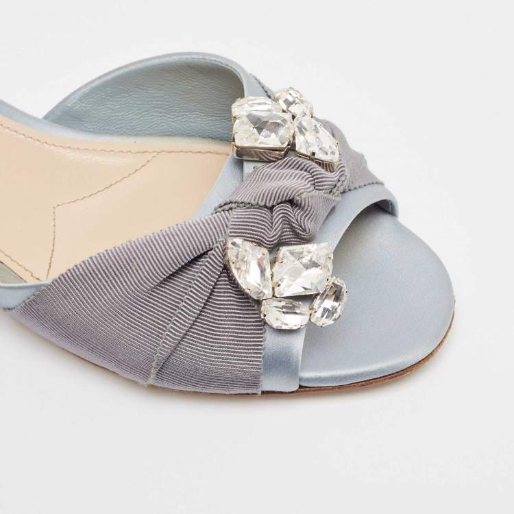 Pre Owned Miu Miu Light Blue Satin and Canvas Crystals Embellished Knot Slide Flats Size 38