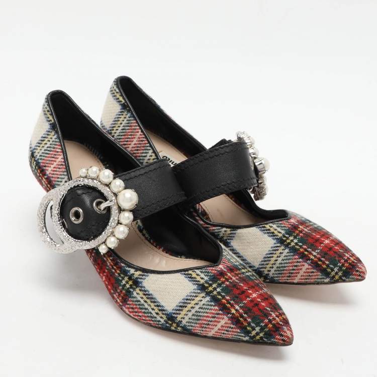 Pre Owned Miu Miu Multicolor Fabric and Leather Embellished Mary Jane Pumps Size 38