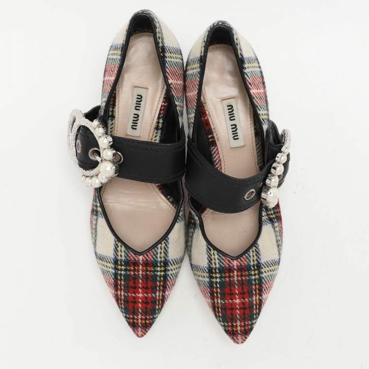 Pre Owned Miu Miu Multicolor Fabric and Leather Embellished Mary Jane Pumps Size 38
