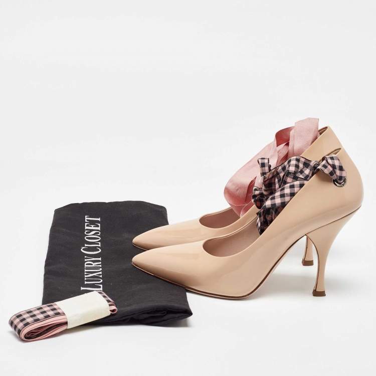 Pre Owned Miu Miu Beige Patent Leather Ankle Wrap Pointed Toe Pumps Size 36