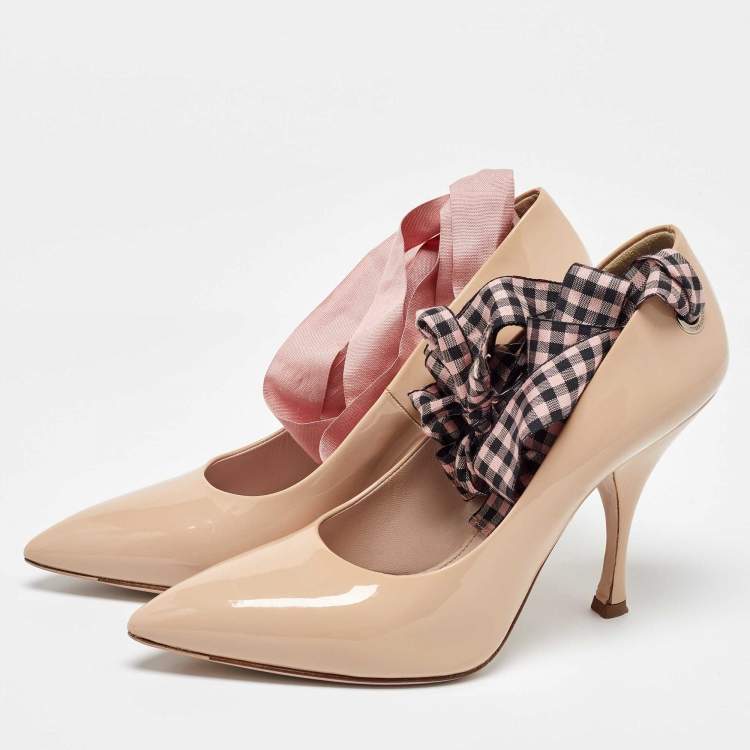 Pre Owned Miu Miu Beige Patent Leather Ankle Wrap Pointed Toe Pumps Size 36