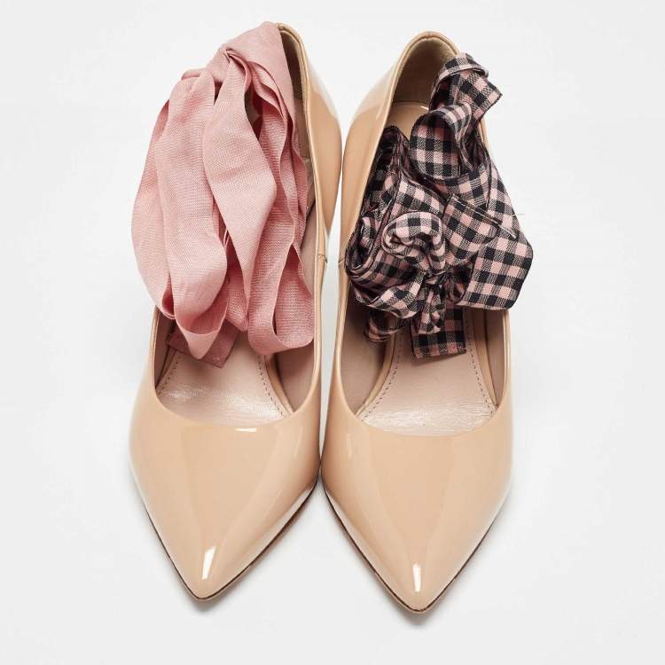 Pre Owned Miu Miu Beige Patent Leather Ankle Wrap Pointed Toe Pumps Size 36