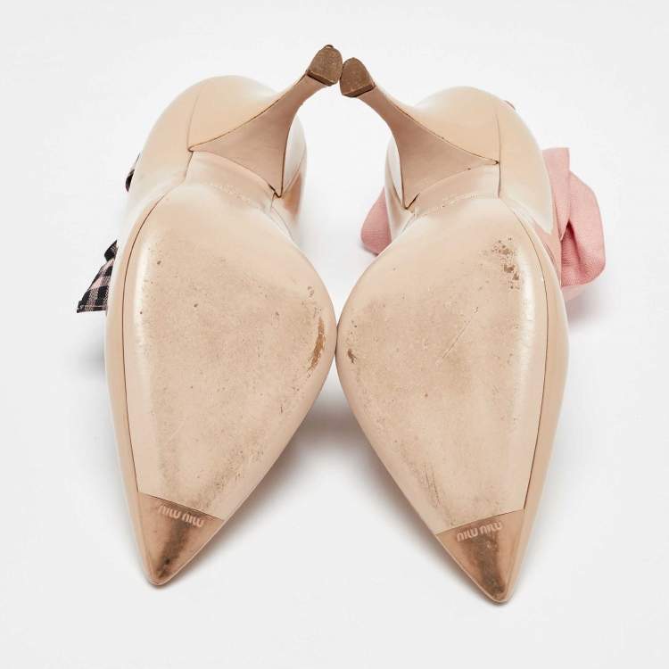 Pre Owned Miu Miu Beige Patent Leather Ankle Wrap Pointed Toe Pumps Size 36