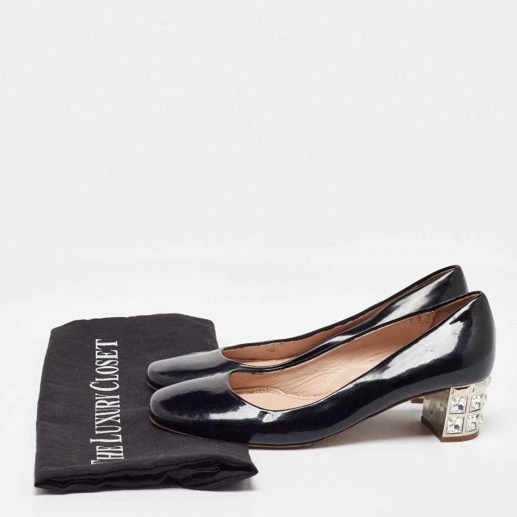 Pre Owned Miu Miu Black Patent Leather Crystal Embellished Block Heel Pumps Size 37