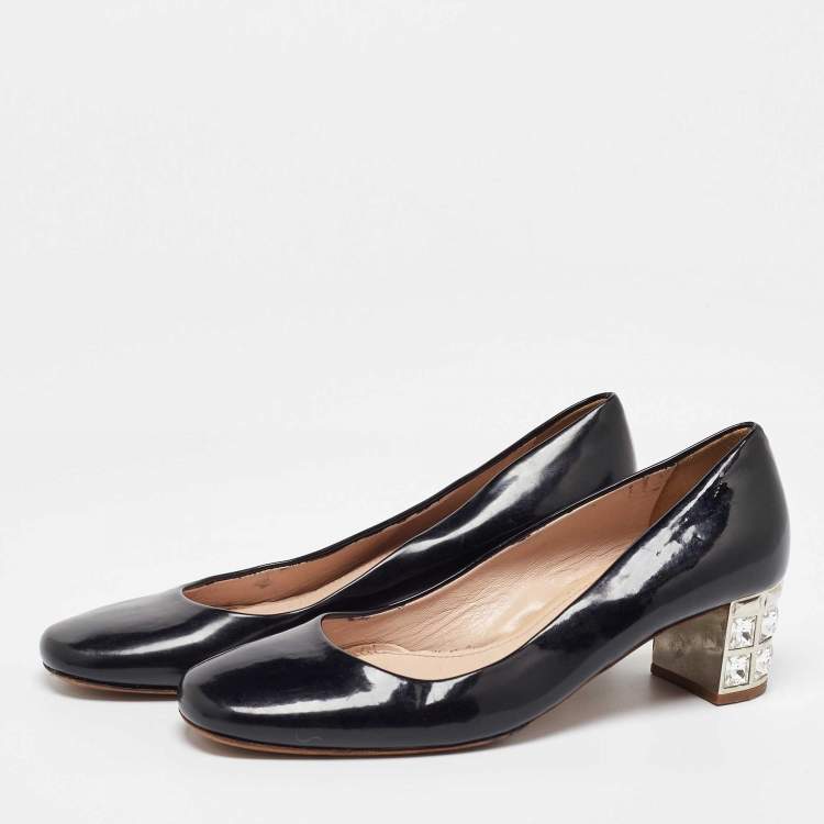 Pre Owned Miu Miu Black Patent Leather Crystal Embellished Block Heel Pumps Size 37