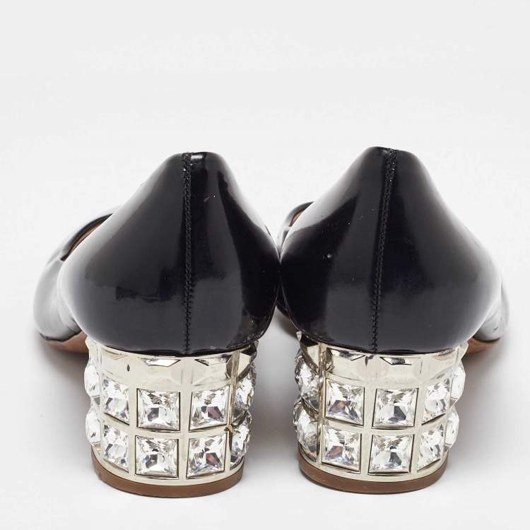 Pre Owned Miu Miu Black Patent Leather Crystal Embellished Block Heel Pumps Size 37