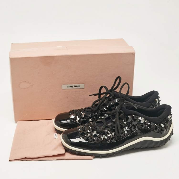 Pre Owned Miu Miu Black Fabric and Patent Lace Up Sneakers Size 38.5