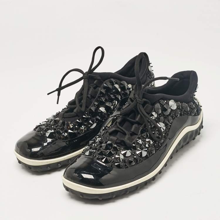 Pre Owned Miu Miu Black Fabric and Patent Lace Up Sneakers Size 38.5